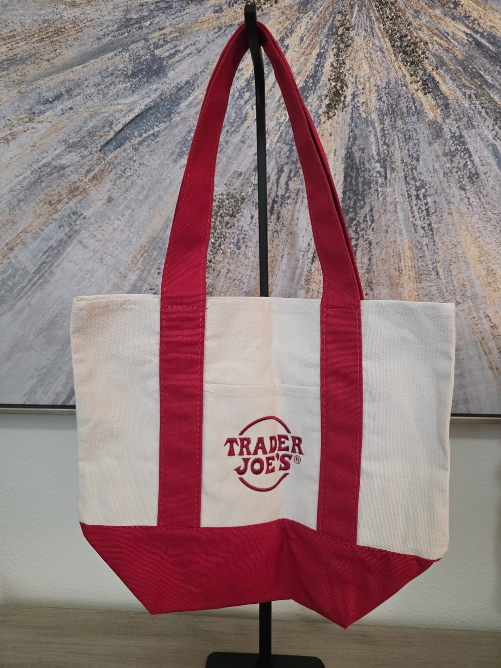 Trader Joe's Red and Cream Canvas Tote